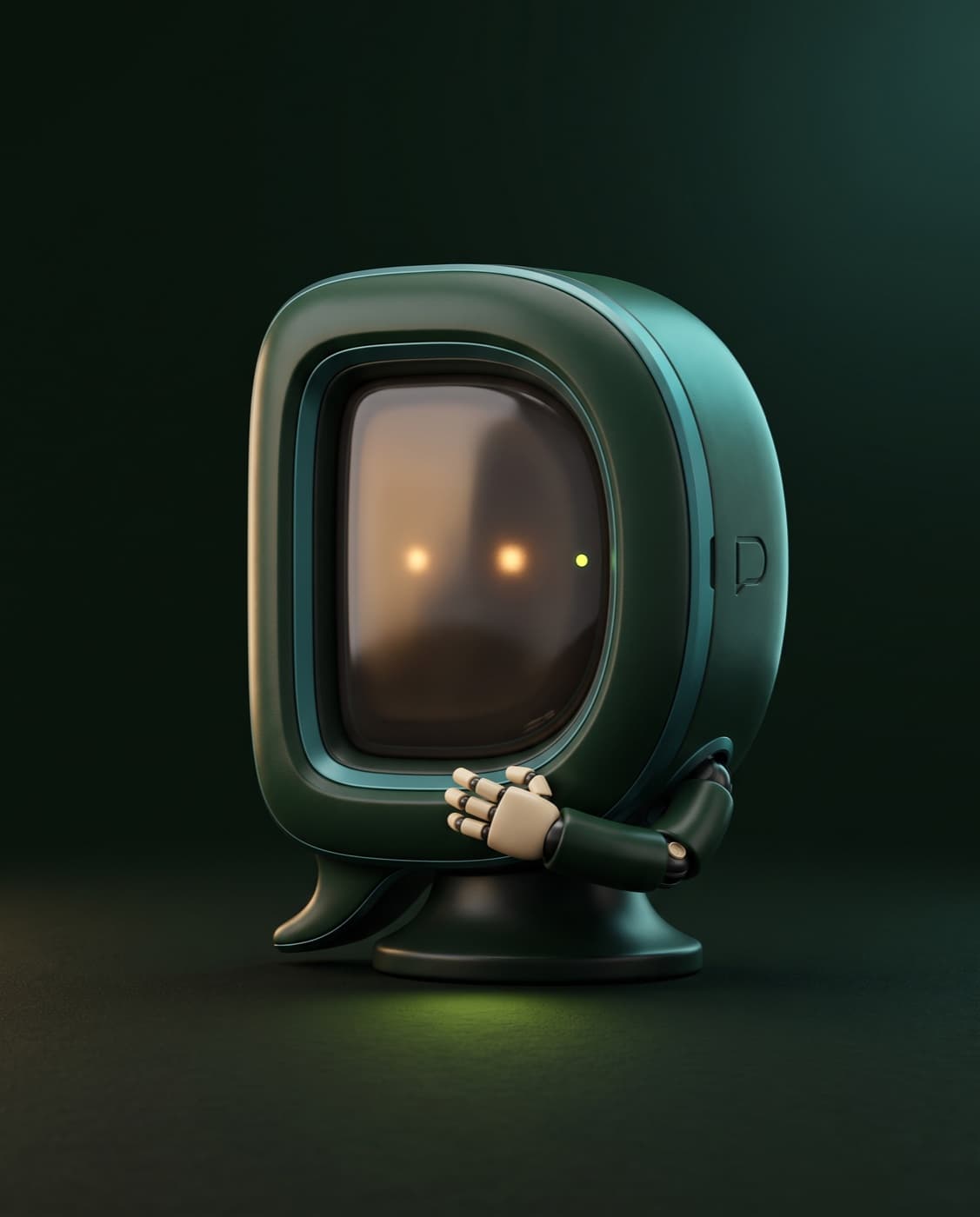 Dosti, a dark green conversation-shaped voice companion, listening attentively